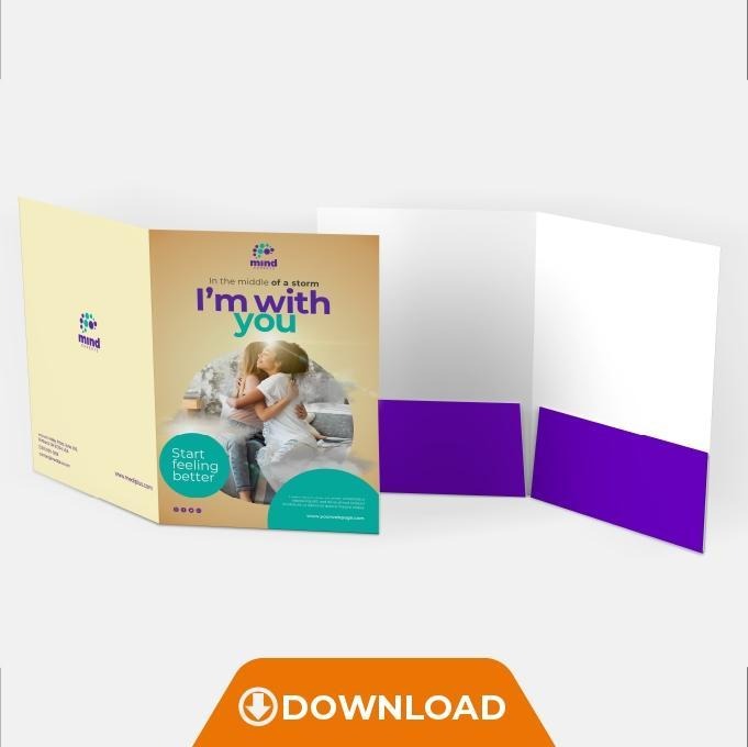 A folded brochure or booklet shown open on a light gray background, with printed panels in beige, white, and purple and a child photo on the front. An orange 'DOWNLOAD' badge appears at the bottom.